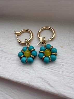 Lucky Brand Gold-tone Hoop Earrings with Turquoise and Yellow Flower Drops